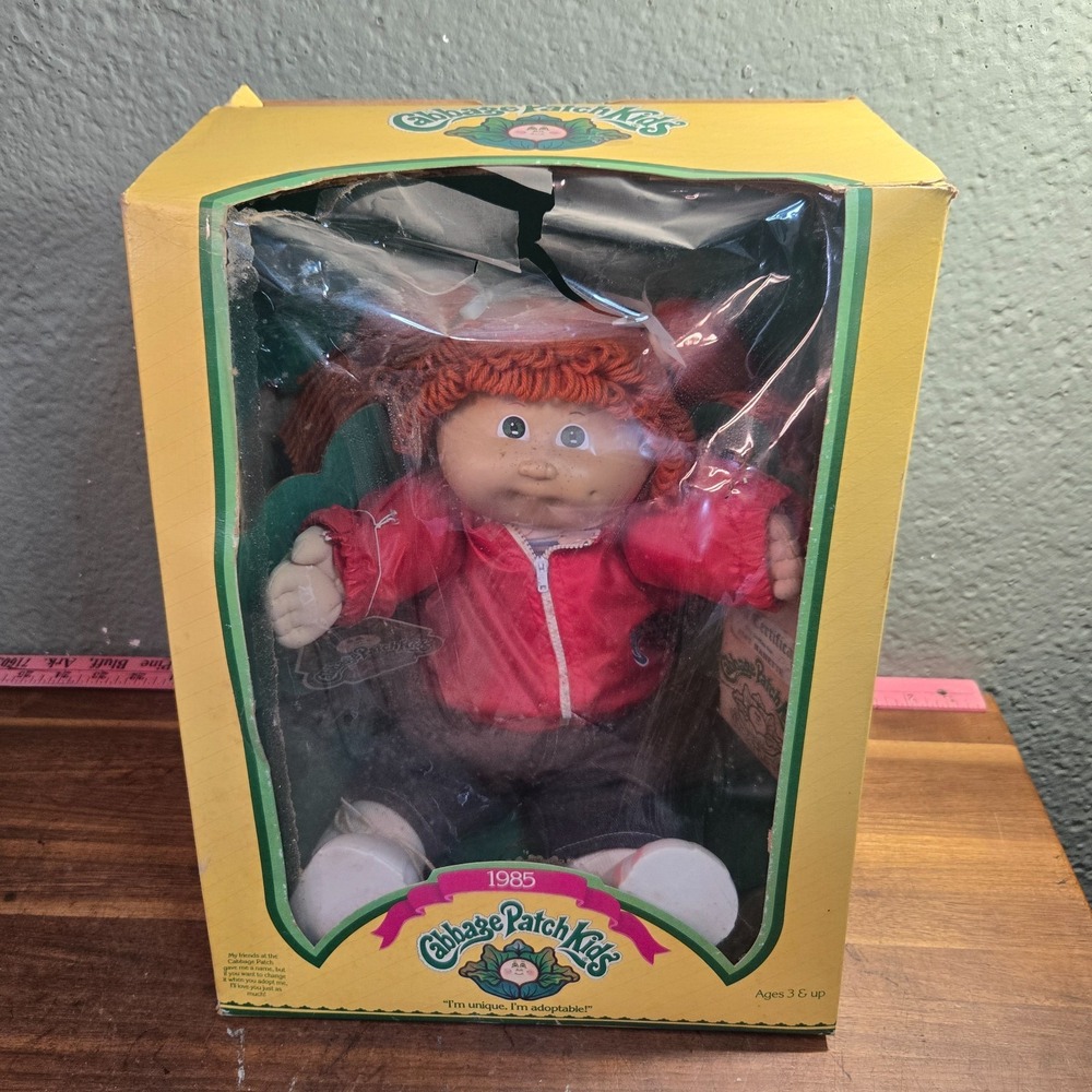 Cabbage Patch Kids 1985 Doll Red Curly Hair Blue Eyes damaged Box w Papers